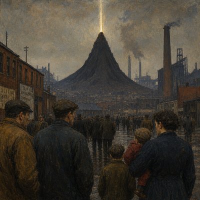 a painting of a group of people standing in front of a mountain
