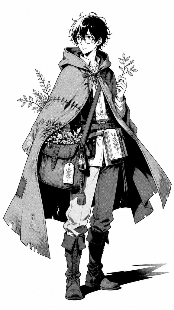 full-body original character: a wandering botanist with a satchel of plants, a patched green cloak, tall boots and round glasses, neutral background