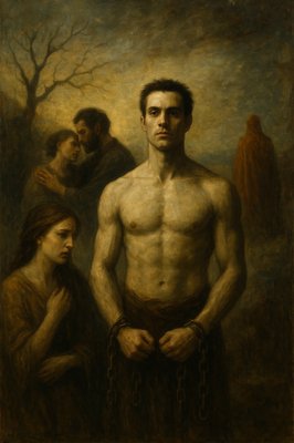 a painting of a man with chains around his waist