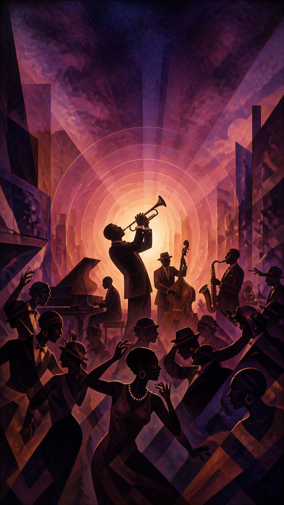 a live music scene with a glowing stage and silhouetted crowd, energetic vertical composition with open space at the top, no text