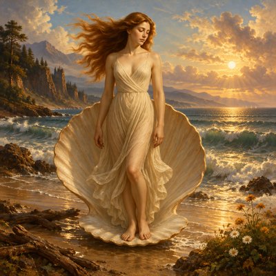 a painting of a woman in a dress walking on a beach