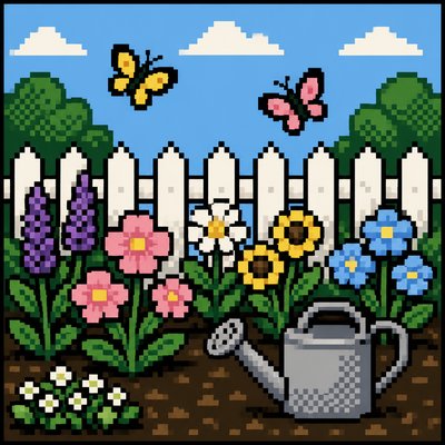 a garden scene with butterflies, flowers and a watering can, clean uncolored line art, no text