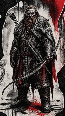 full-body original character: a dwarven ranger with a braided auburn beard, worn leather armor, a longbow and a wolf-pelt cloak, neutral background, no text