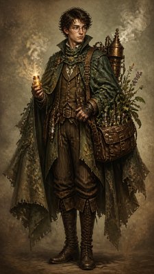 full-body original character: a wandering botanist with a satchel of plants, a patched green cloak, tall boots and round glasses, neutral background