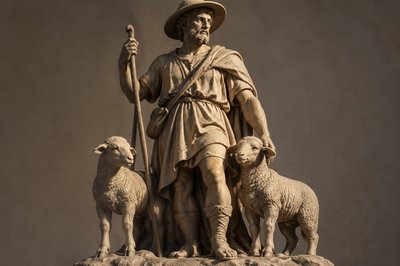 ancient greek shepherd wearing a hat and standing with two lambs next to him