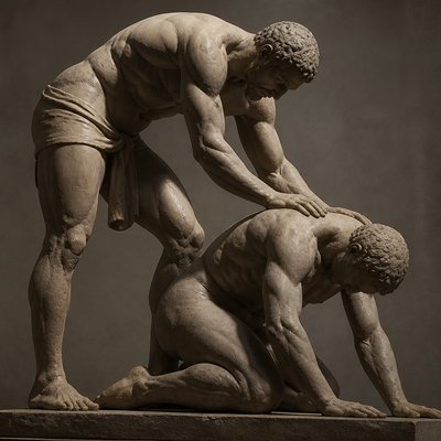 ancient greek athlete leaning over another athlete kneeling