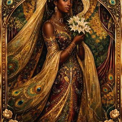 I am black, but comely, O ye daughters of Jerusalem, as the tents of Kedar, as the curtains of Solomon. 
(Song of Solomon 1:5 KJV)
 in the style of Gustav Klimt,shimmering gold patterns,"elaborate symbolic designs,symbolic and allegorical composition, holding to ancient fashion and modesty
