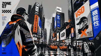 bustling city street panorama at dusk