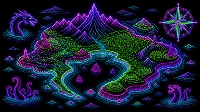 a map of an island realm with mountains, forests, a sheltered bay, sea monsters in the water and a compass rose, no text labels