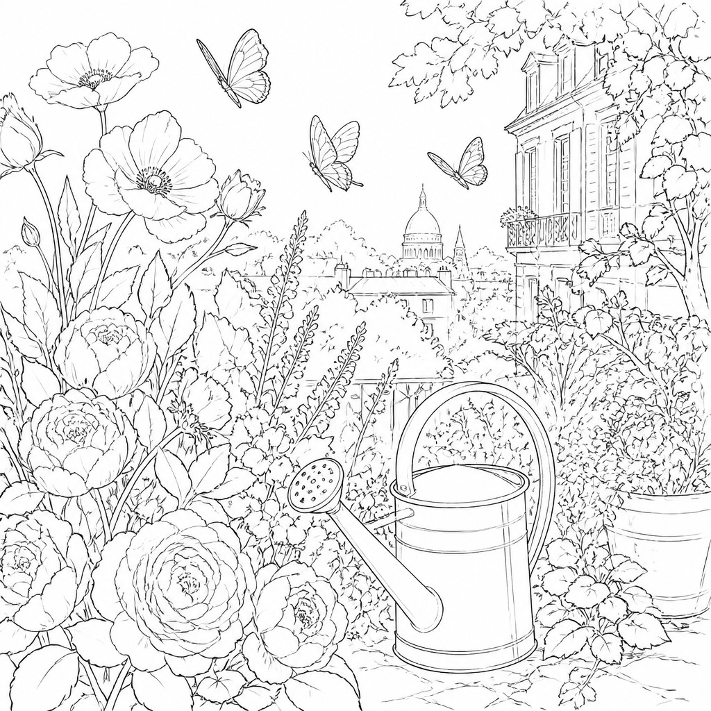 a garden scene with butterflies, flowers and a watering can, clean uncolored line art, no text