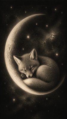 a sleeping baby fox curled on a crescent moon among soft stars, gentle and warm, no text