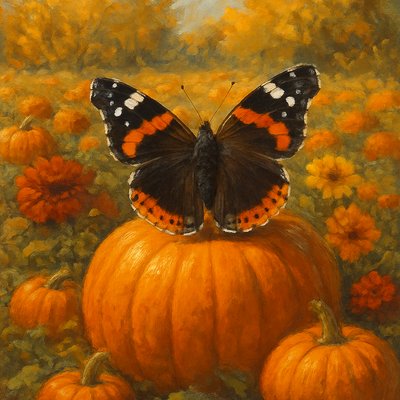 Oil Painting Art Style, a magnificent Red Admiral butterfly with its wings spread wide, revealing intricate patterns of bold black, vivid orange-red, and crisp white, gently perched on the stem or surface of a perfect, plump orange pumpkin. This scene is set within a sprawling, sun-drenched autumn pumpkin patch, where numerous pumpkins of various sizes are nestled amongst lush green and fading yellow vines. Surrounding the pumpkins are vibrant fall flowers arranged like a charming garden, in hues of deep red, golden yellow, and rustic orange. In the background, hints of golden aspen-like leaves glow from distant trees, adding to the rich autumn palette. The entire composition is bathed in clear, crisp, golden autumn sunlight, casting subtle shadows and highlighting the rich textures. Focus on the detailed brushwork on the butterfly's wings, the tangible texture of the pumpkin's skin, and the vibrant, layered colors of the fall foliage, flowers, and pumpkins, creating a detailed and serene artistic composition.