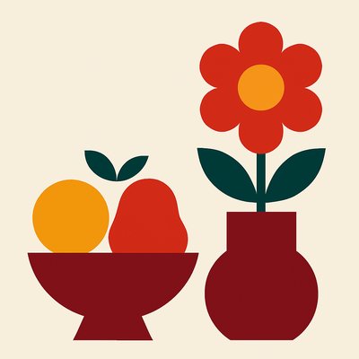 still life arrangement of fruits and flowers