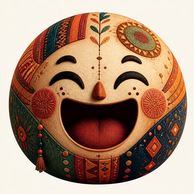 an exaggerated laughing face of an original round mascot character, bold and readable at small size, plain background, no text