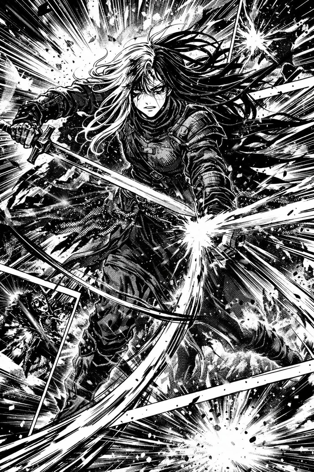 a black and white drawing of a woman holding a sword