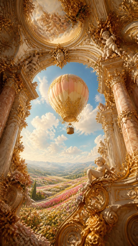 a hot air balloon drifting over rolling flower fields on a sunny day, cheerful, no text