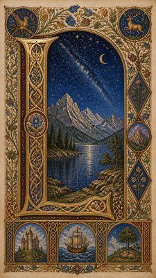 a tranquil mountain lake beneath a starry night sky, no people, no text