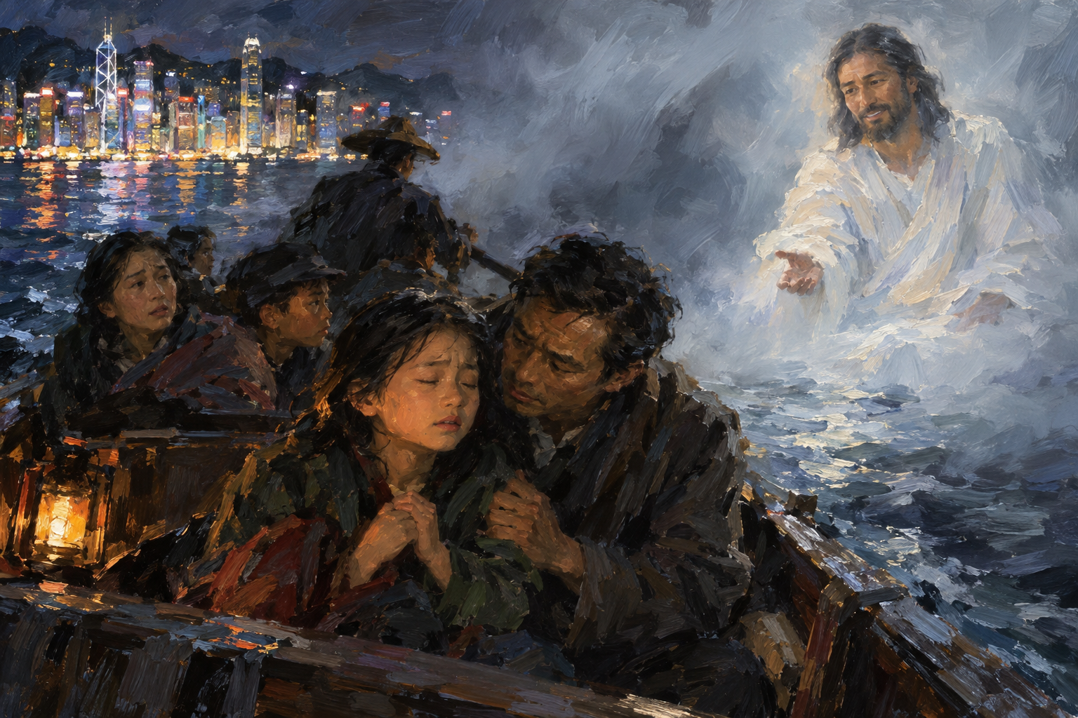 Paint this scene fo rme: Soon, Mr. Chen arranged for them to cross into Hong Kong—a place known for its bright skyline and bustling streets. Under the cover of darkness and with careful planning, the family and their companions boarded a small boat that carried them silently across the water. At about the halfway point they sailed into a thick bank of fog, so dark it felt as if they were inside a bottle of ink. Siu-Zi couldn’t even see her father’s face. A worry, and dark despair began to overwhelm her, she closed her eyes. Then, in the stillness of her own thoughts, as if on a movie screen, Siu-Zi saw a handsome, kind man in white dress. It was as if he was sitting outside the boat on top of the water. He sat there, smiling at Siu-Zi, keeping the same distance from them, outside the boat, and at length, he said, “It’s going to be alright, Siu-Zi. I’ll be here to protect you and no harm will come to you or your family anymore.” The next thing she knew, Siu-Zi’s father was shaking her awake, telling her that the crossing was over.