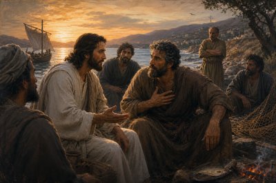 Peter the fisherman talking with Jesus and other disciples