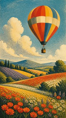 a hot air balloon drifting over rolling flower fields on a sunny day, cheerful, no text
