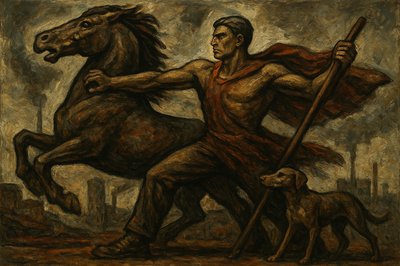 a painting of a man with a horse and a dog