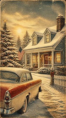 a snow-covered cottage with warm glowing windows beside a decorated pine tree, gentle snowfall, no text