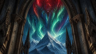 a flowing aurora over snowy peaks, wide sweeping composition, no people, no text