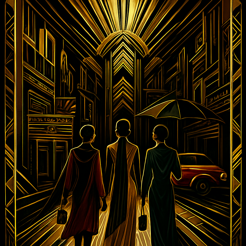 a painting of three people walking down a street