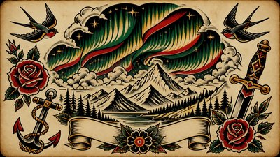 a flowing aurora over snowy peaks, wide sweeping composition, no people, no text