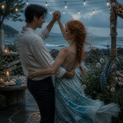 an original couple dancing under string lights in a garden at dusk: a man with short black hair in a linen shirt and a woman with braided red hair in a summer dress