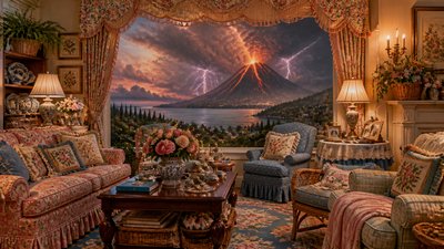 an erupting volcano with lightning strikes, dramatic wide composition, no text