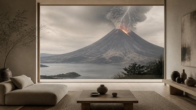 an erupting volcano with lightning strikes, dramatic wide composition, no text