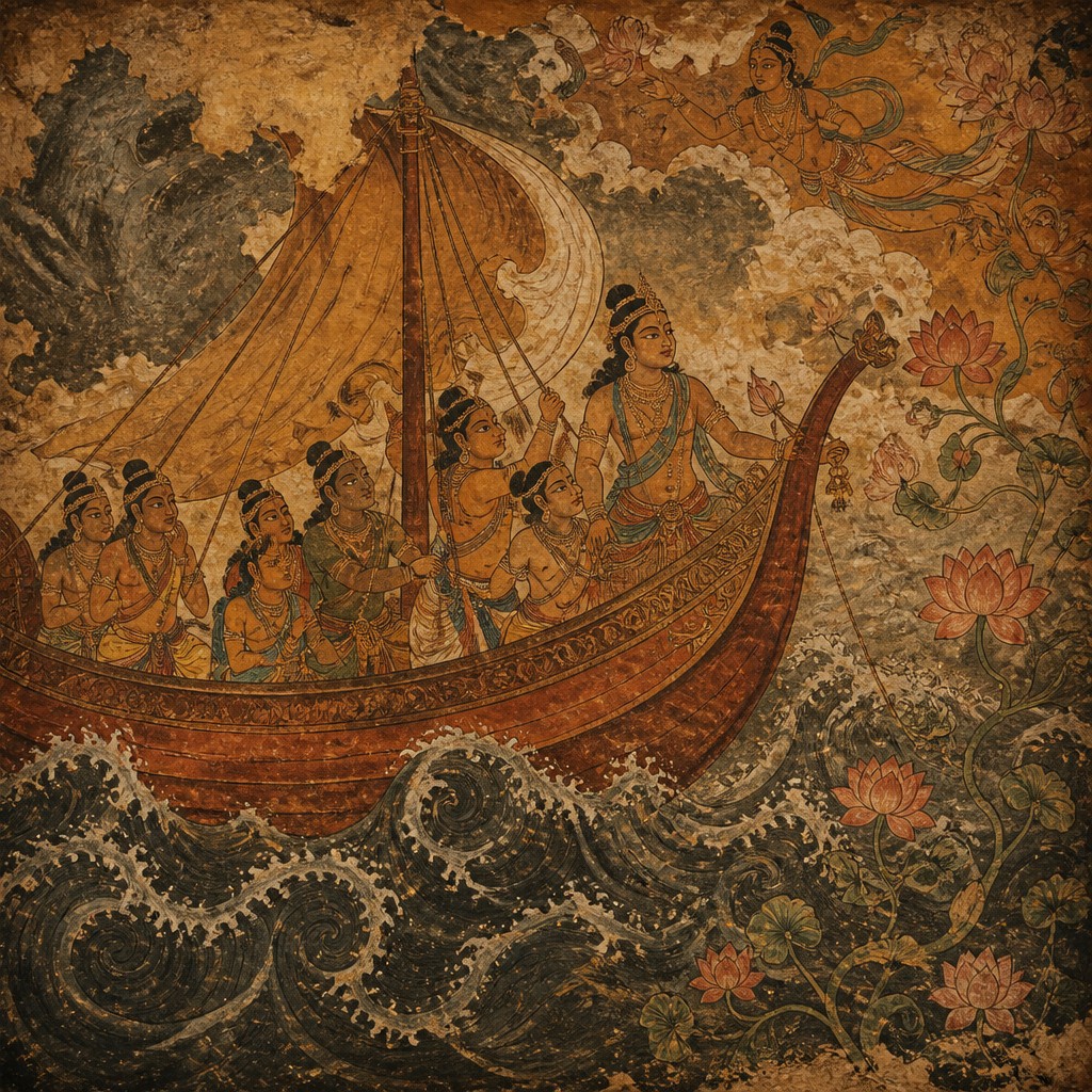sailing ship on a stormy sea — Ancient Indian Mural Art Style
