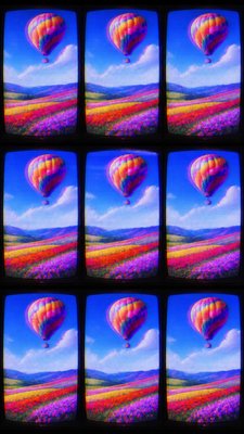 a hot air balloon drifting over rolling flower fields on a sunny day, cheerful, no text