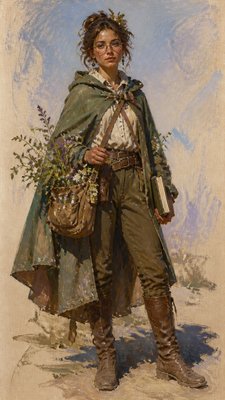 full-body original character: a wandering botanist with a satchel of plants, a patched green cloak, tall boots and round glasses, neutral background