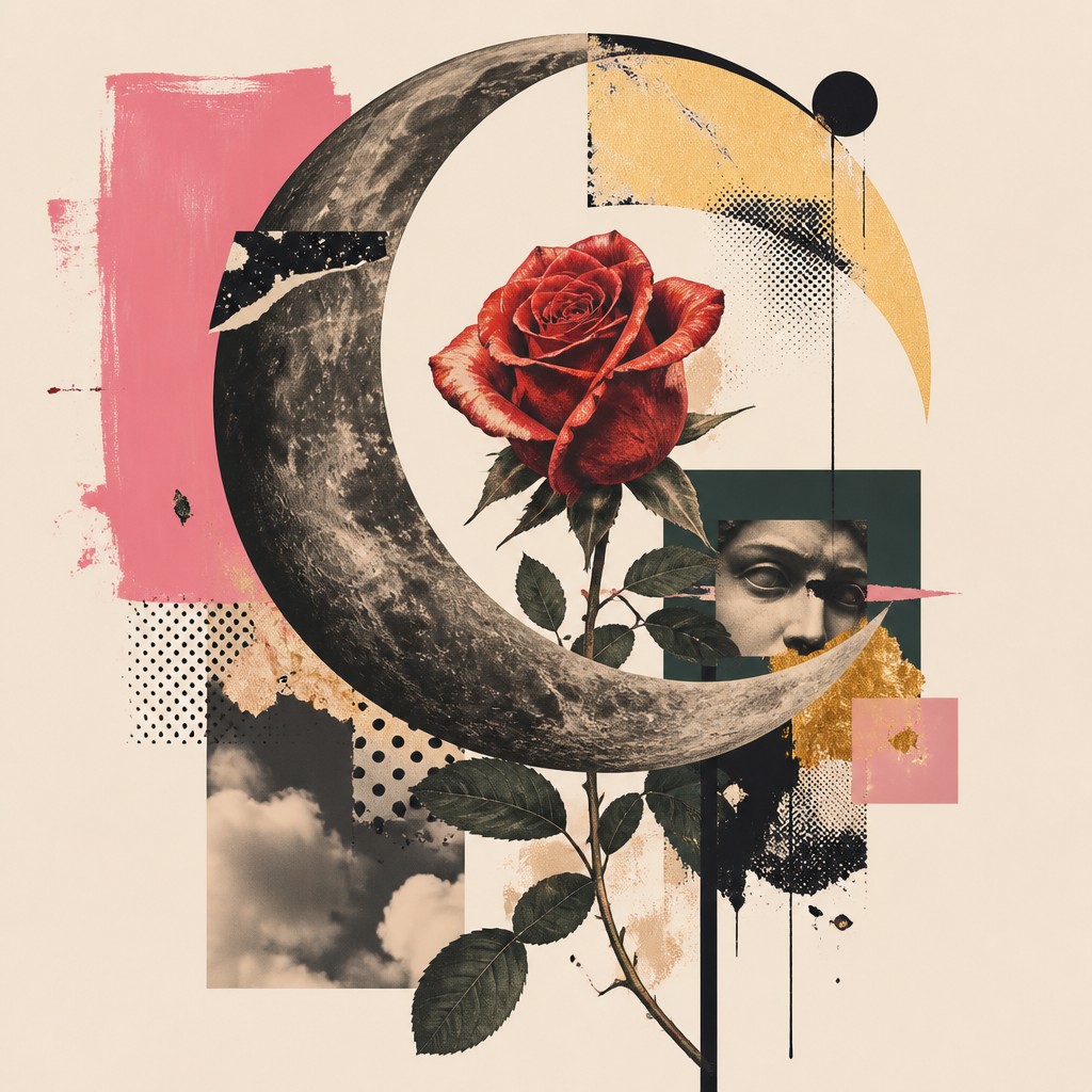 a rose entwined with a crescent moon, clean balanced composition on a plain background, no text