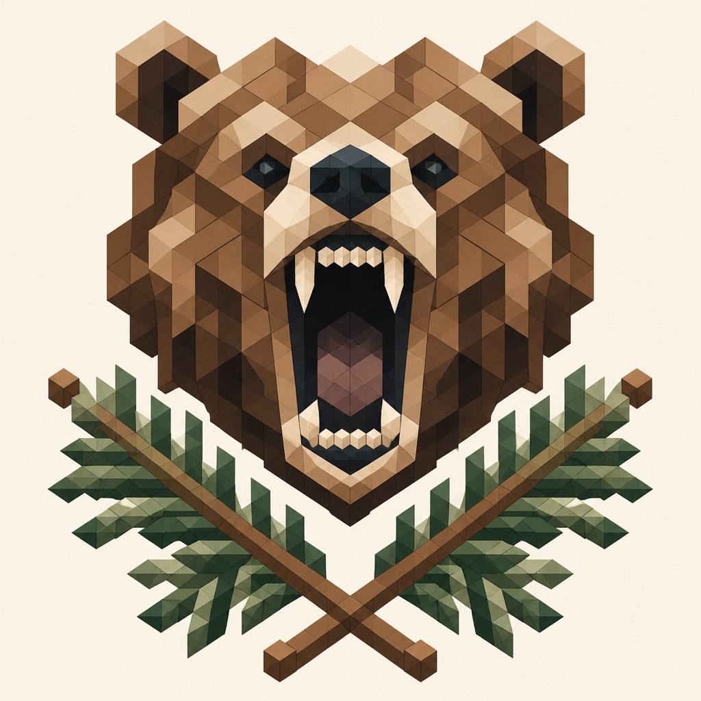 a roaring bear head above crossed pine branches, bold graphic composition on a plain background, no text
