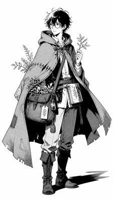 full-body original character: a wandering botanist with a satchel of plants, a patched green cloak, tall boots and round glasses, neutral background