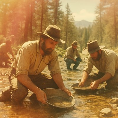 "A group of determined 19th-century gold miners panning for gold in a shallow, rocky stream in the Sierra Nevada mountains during the California Gold Rush. They are wearing rugged, worn clothing and wide-brimmed hats. Sunlight filters through pine trees, casting dappled light on the scene. One miner is intensely focused on his gold pan, while another is sifting through gravel. The water is clear, revealing pebbles and glints of potential gold. The background shows a rugged, forested landscape with distant hills."