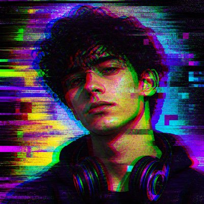 head-and-shoulders portrait of an original character: a young man with curly dark hair and headphones around his neck, plain backdrop, no text