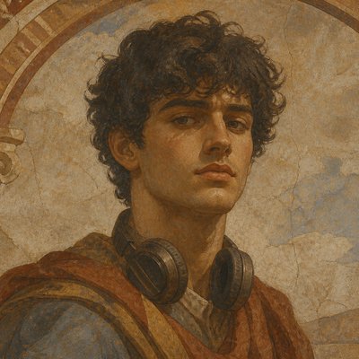 head-and-shoulders portrait of an original character: a young man with curly dark hair and headphones around his neck, plain backdrop, no text