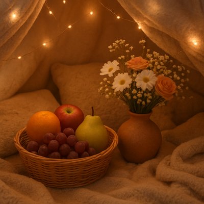 still life arrangement of fruits and flowers