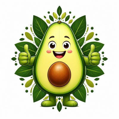 a happy avocado character giving a thumbs up, bold readable design on a plain background, no text