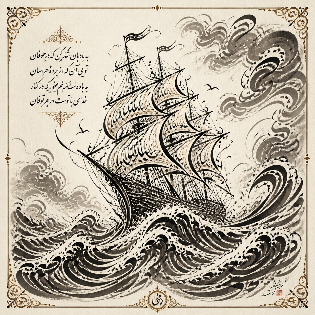 sailing ship on a stormy sea — Calligraphy Art Style