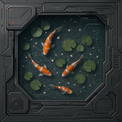 A koi pond seen from above, orange and white koi fish swimming among lily pads, clear water with subtle ripples, fallen cherry blossom petals floating on the surface, dappled sunlight