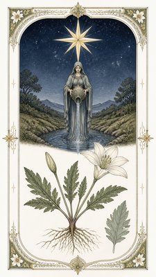 a robed figure pouring water beneath a large eight-pointed star in a night sky, symmetrical composition with an ornate decorative border, no text