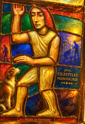 a painting of a man with a dog in front of a stained glass window