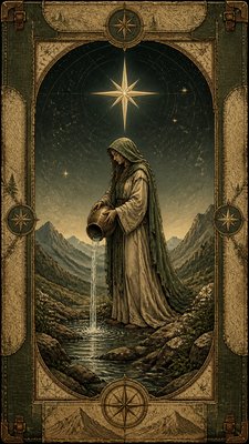 a robed figure pouring water beneath a large eight-pointed star in a night sky, symmetrical composition with an ornate decorative border, no text