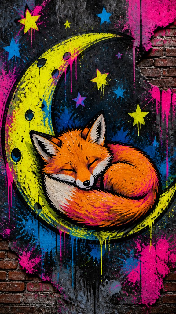 a sleeping baby fox curled on a crescent moon among soft stars, gentle and warm, no text