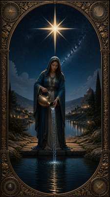 a robed figure pouring water beneath a large eight-pointed star in a night sky, symmetrical composition with an ornate decorative border, no text